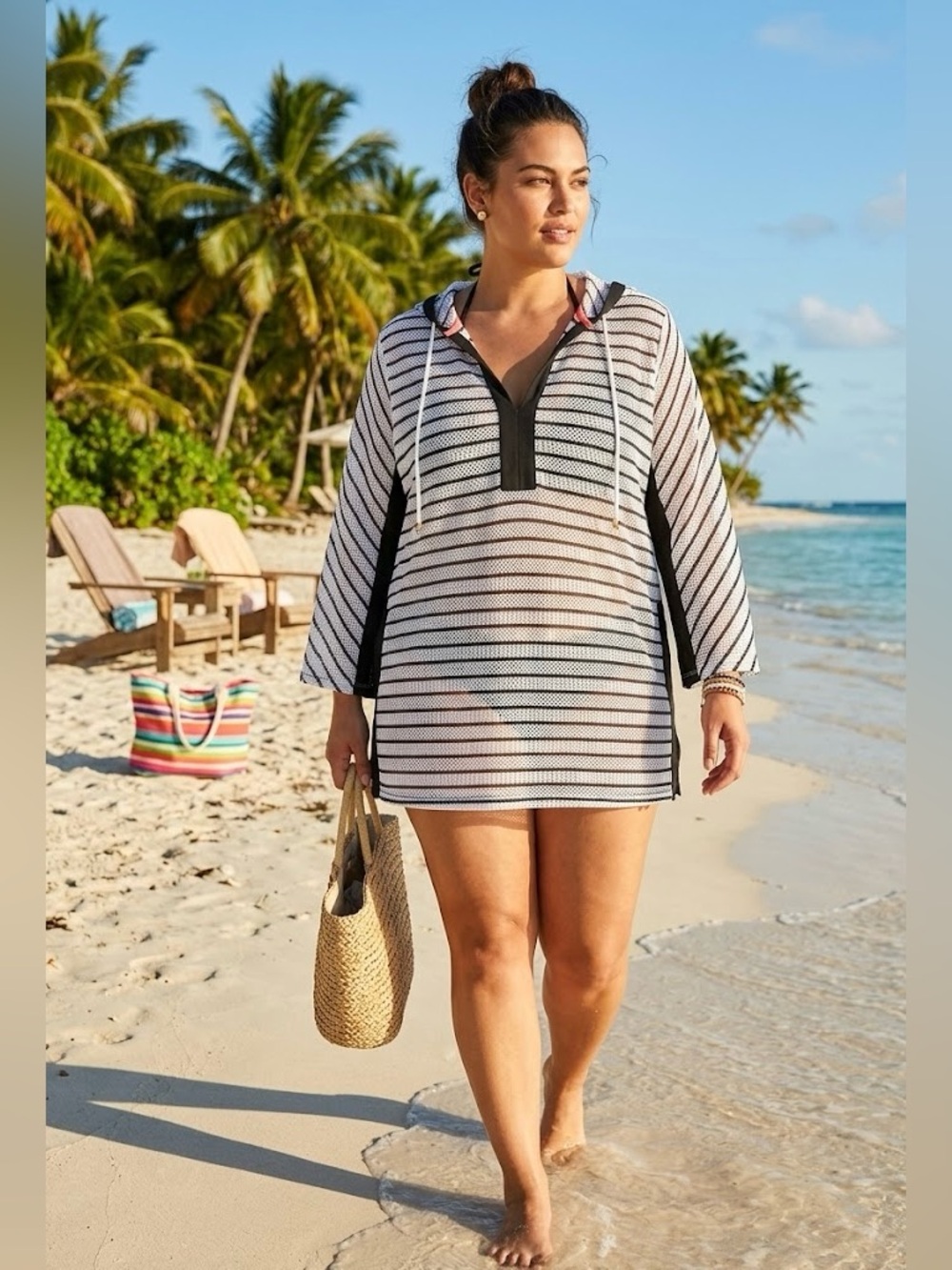 🏖️ Chic & Breezy Beach Cover-Up Striped Hooded Swim NWT Tunic - Size 1X